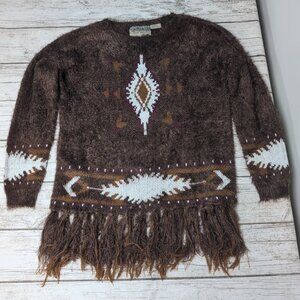 Powder River Outfitters by Panhandle Women's Brown Aztec Fringe Sweater Size L